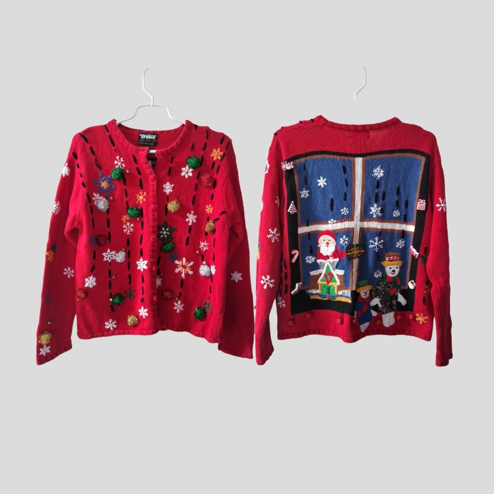 Ugly Christmas Sweater/ Cardigan Double Sided Red Snowmen Holliday Party